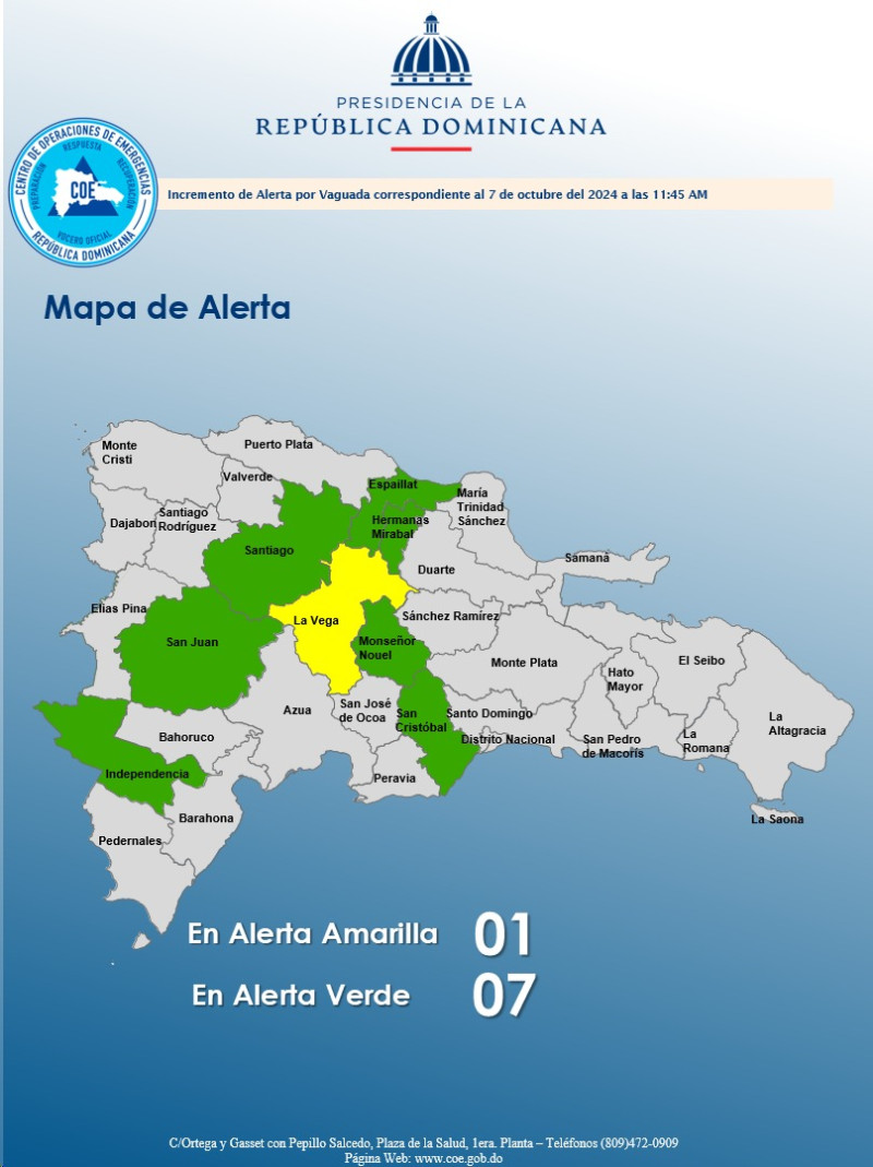 COE aumenta a 7 provincias en alerta verde y una en amarilla
