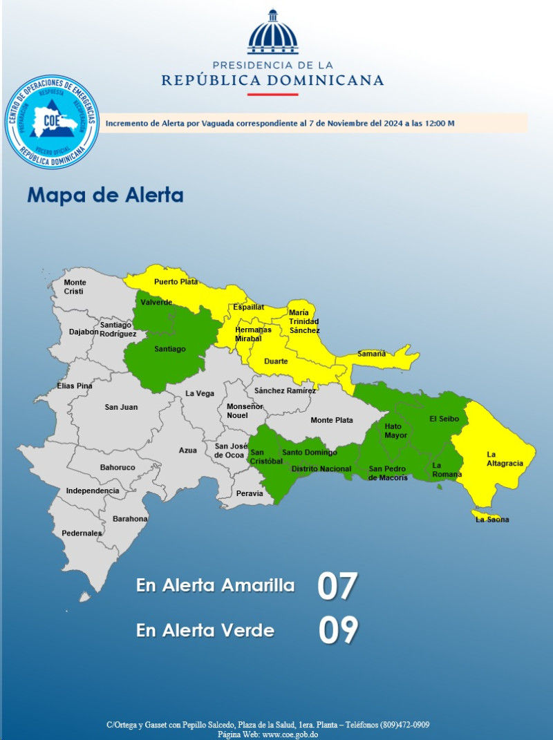 COE emite alerta amarilla para siete provincias y verde para nueve