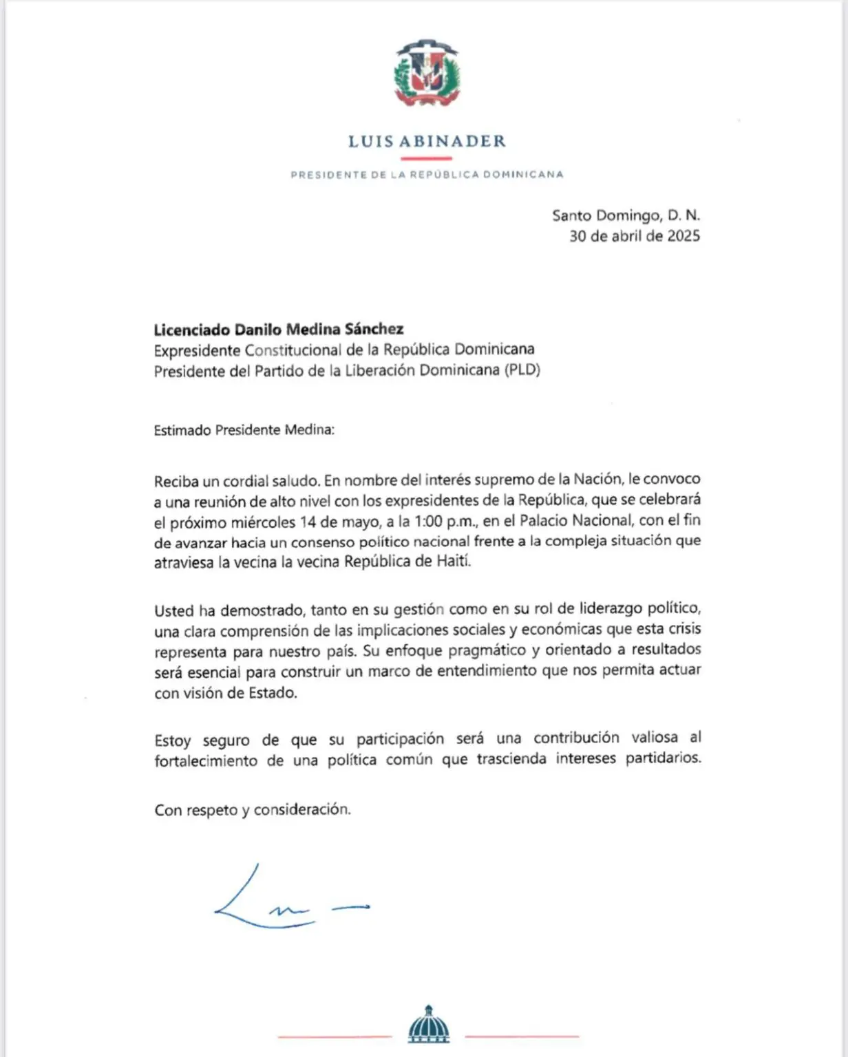 Abinader formaliza invitación al diálogo a expresidentes para el 14 de mayo
