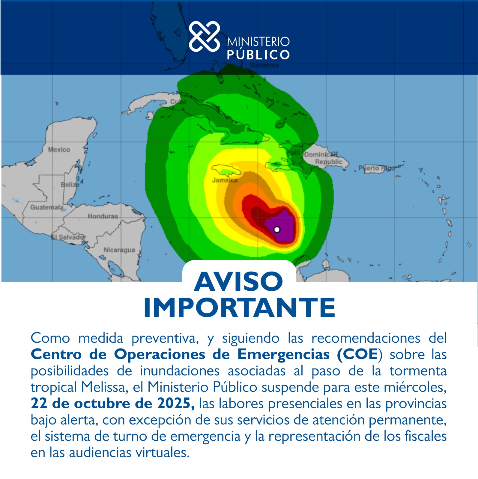 Poder Judicial suspende este miércoles labores presenciales en los tribunales y áreas administrativas de todo el país por paso de tormenta Melissa