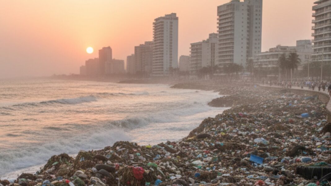 Basura se acumula en el Malecón de Santo Domingo tras el paso del huracán Melissa.