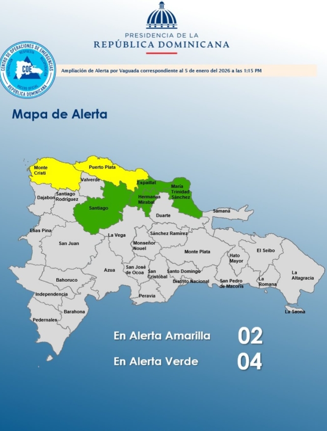 COE mantiene dos provincias en alerta amarilla y cuatro en verde por sistema frontal