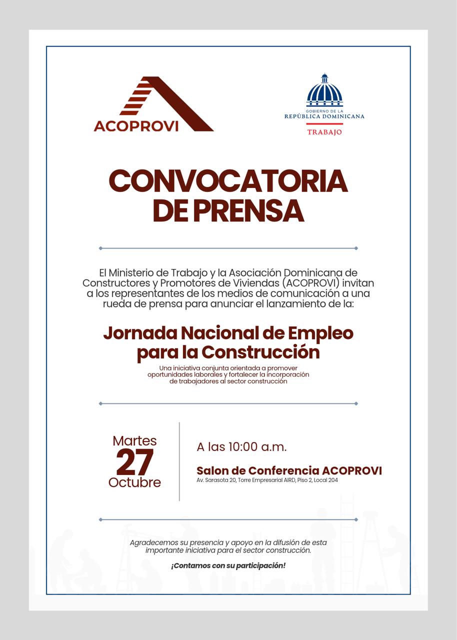 Ministerio de Trabajo y ACOPROVI anunciarán jornada nacional de empleo para la construcción